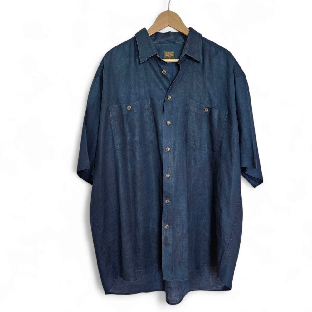 Scott Barber Mens Blue Linen Short Sleeve Buttondown Shirt Sz XL Quiet Luxury